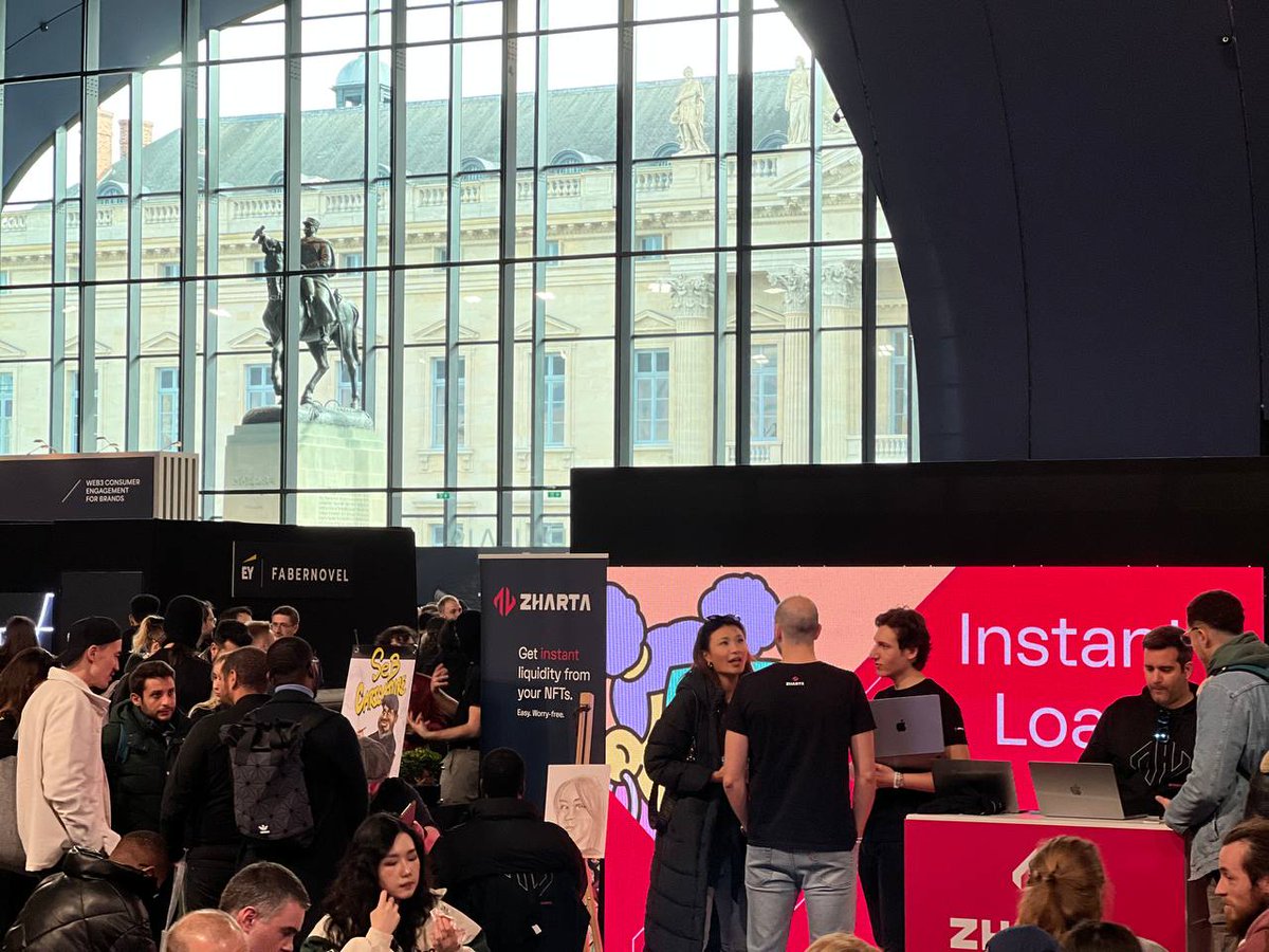 Zharta's tweet photo. Calling everyone @NFT_Paris! Stop by our booth near the Fan Zone Nef Eiffel if you want to know more about our borrower friendly platform! We're giving away free caricatures, which we'll then mint as free NFTs ๐And some cool merch! #NFTParis #borrowerfriendly https://t.co/RhnhLPxZnP