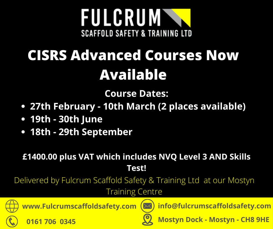 Fulcrum Scaff Safety (@fulcrum_safety) on Twitter photo Following today's successful audit, we are now accredited to deliver CISRS Advanced courses at our Mostyn Training centre.
For more details contact us on
Tel: 0161 706 0345
Email: Info@fulcrumscaffoldsafety.com
#cisrs #cisrsadvancedcourses Following today's successful audit, we are now accredited to deliver CISRS Advanced courses at our Mostyn Training centre.
For more details contact us on
Tel: 0161 706 0345
Email: Info@fulcrumscaffoldsafety.com
#cisrs #cisrsadvancedcourses
