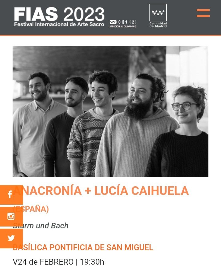 _pepemompean's tweet photo. Fin de semana intenso en el #FIAS2023 @CulturaCMadrid, no se lo pierdan. Hoy recibimos por primera vez al multipremiado grupo @AnacroniaEns con cambios de última hora en el programa sobre la familia #Bach, Lucía Caihuela sustituye a la soprano Rita Morais https://t.co/fUGxL3IG6o https://t.co/mqIU8HyiHx