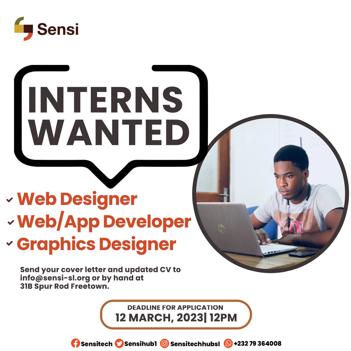 An opportunity has arisen for an enthusiastic and well-rounded individual to join our team. 

Send your CV to info@sensi-sl.org
Visit us at: 31 Spur Road, Freetown 

For more info call 
+23279364008