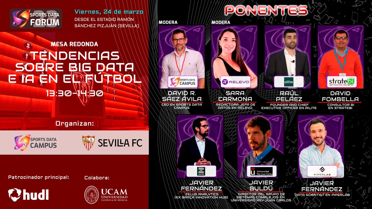 SportsDataCamp's tweet photo. 🚀 Presentación Ponentes SPORTS DATA FORUM 🚀
Hoy presentamos a los ponentes de la mesa redonda sobre Big Data e IA del 24/3:
⚽ @davidrsaez CEO en @SportsDataCamp
⚽ Sara Carmona, Redactora Jefa de Datos en Relevo.
⚽@raulpelaez_ Founder and Chief Executive Officer en Ailite https://t.co/2oDaPhY73R
