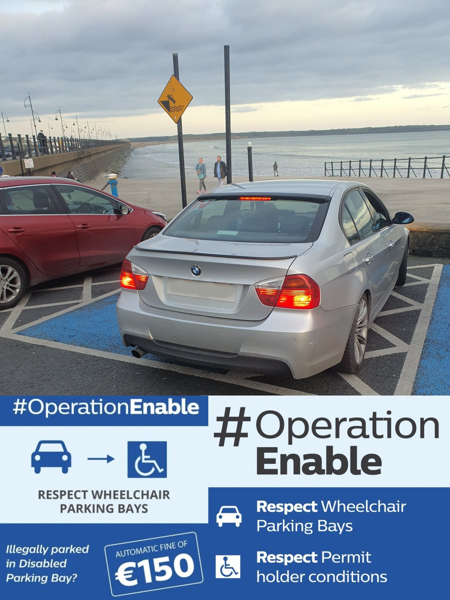 GardaTraffic's tweet photo. Gardaí attached to Waterford's Roads Policing Unit issued a €150 fine to this driver who pulled into a disabled bay in Tramore to eat his takeaway.  

Please be considerate to motorists who need these spaces. 

#OperationEnable https://t.co/6pGp89KyHP