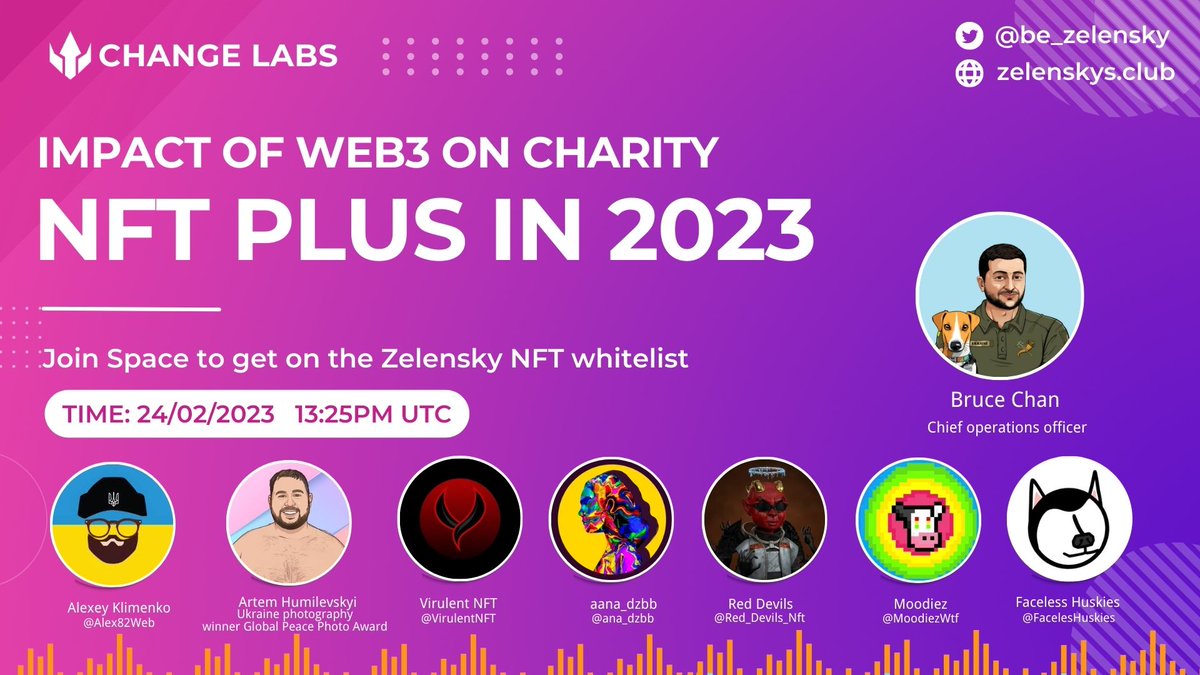 be_zelensky's tweet image. NFT PLUS IN 2023 （Utility of NFT &amp;amp; Ukraine)

Tune in to learn about some great projects &amp;amp; Ukraine for your chance to win "prize" #NFTGiveaways 

🔗 
⏰ 24/02/2023 13:25PM UTC

@FacelesHuskies
@VirulentNFT
@MoodiezWtf
@Red_Devils_Nft
@humilevskyi
@ana_dzbb…