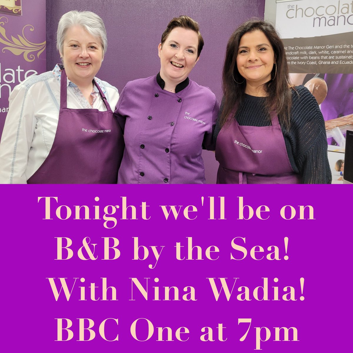 Tonight @BBCOneNI at 7pm you'll be able to watch us on #bandbbythesea B&B by the Sea! We were delighted to welcome @Nina_Wadia to our workshop to handcraft some indulgent chocolate truffles featuring @NIseasalt @AfroMicPro BBC ONE at 7pm and on @bbciplayer! #TasteCauseway
