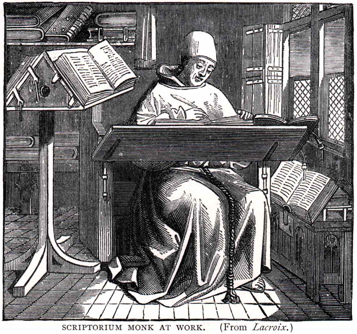 筆記する修道士。中世西ヨーロッパの共通語であるラテン語の読み書きは聖職者の専売特許と言っても差し支えない能力であり、彼らは自らの学問研究について情報を交換するため他の修道院や大学の聖職者と書簡をやり取りした。西欧における学問伝播は、聖職者らの往復書簡によってもたらされた。 