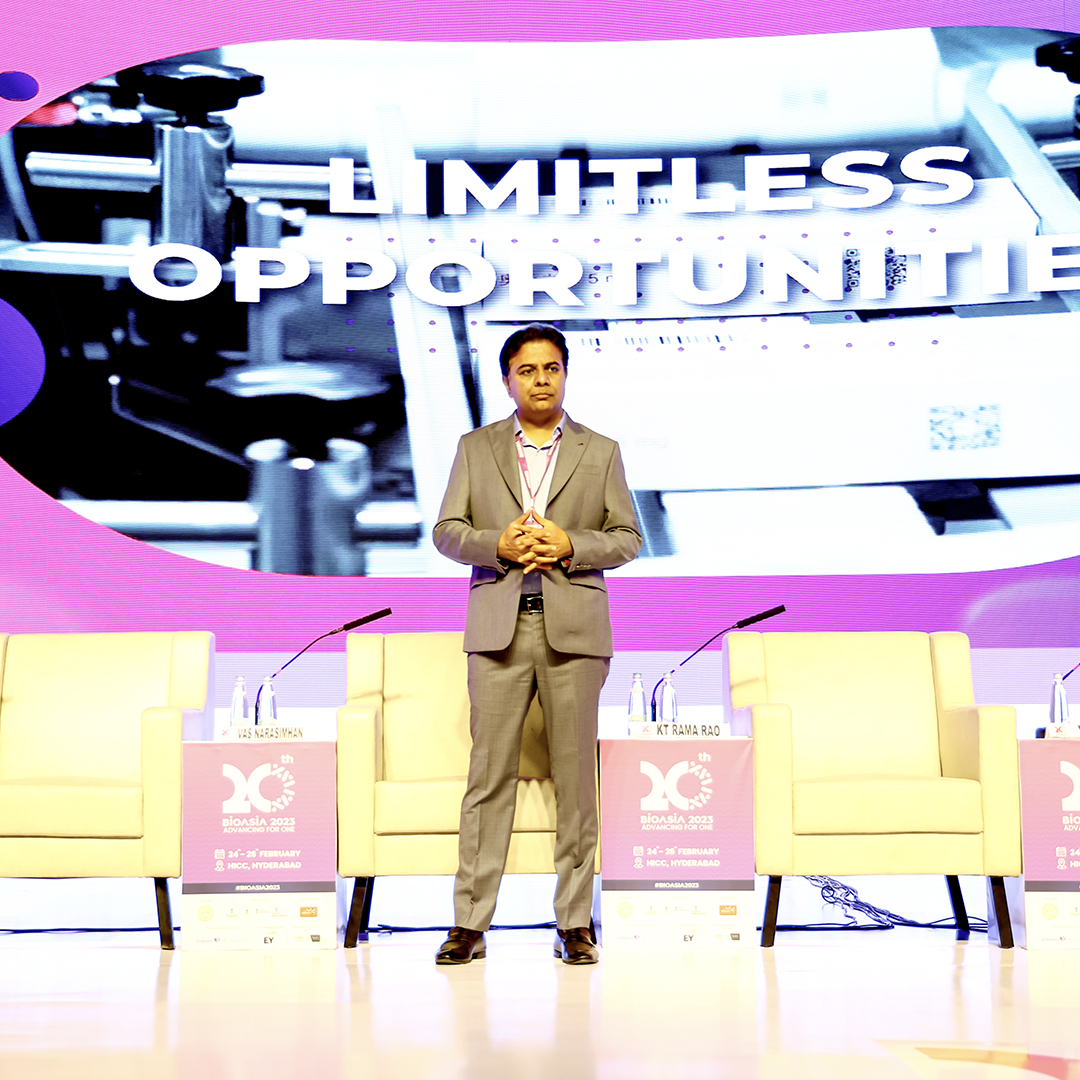 BioAsiaOfficial's tweet photo. Hon'ble Minister @KTRBRS inaugurated BioAsia 2023 and shared Telangana's goal of achieving $250B by 2030, with a focus on large-scale manufacturing, R&D, cross-value chain centers, and healthcare-tech convergence. #BioAsia #HealthcareForAll #SuccessAndChallenges https://t.co/mhPlVgfntk