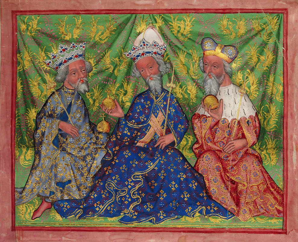 皇帝カール4 世 (中央) と息子たち: ボヘミアのヴァーツラフ 4 世 (左) とモラヴィアのヨープスト辺境伯 (右)。 それらはすべて、ルールのシンボルと特徴的なあごひげで示されています。 チャールズは閉じた王冠、ヴァーツラフは開いた王冠、ヨブストは辺境伯の帽子をかぶっています。 