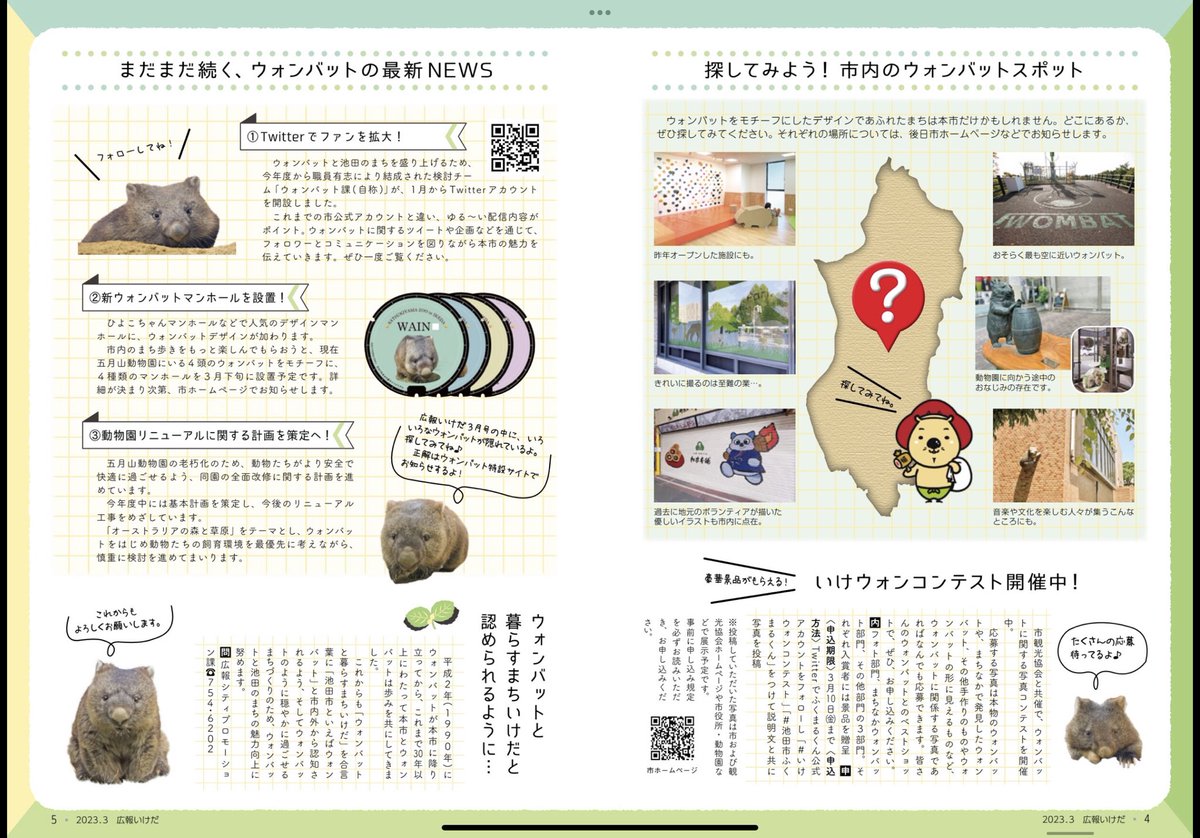 womwom_supreme's tweet photo. 今月の「広報いけだ」
五月山のウォンバットについて、たくさん記載がされてあります👏👏👏

ぜひチェックしてみて下さい❣️

最後のページのまぁるい背中は、ワインさんだと思うのですが...どうでしょう😍❓

#広報いけだ
#3月号
#ikedacity
#五月山動物園
#wombat https://t.co/h1GkaxNSA6