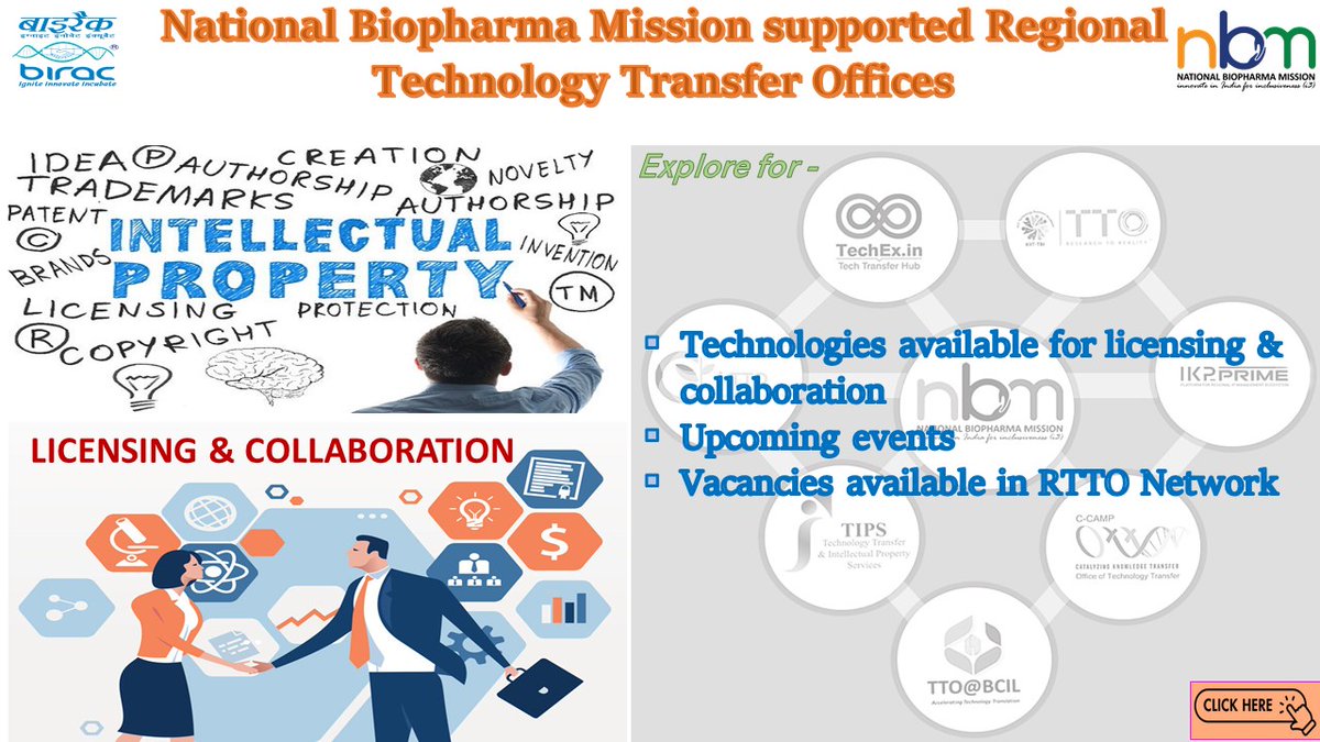 Visit @BIRAC_2012 - #NationalBiopharmaMission page to check the #technologies available for licensing as well as for recent vacancies in RTTO Networks

@DBTIndia