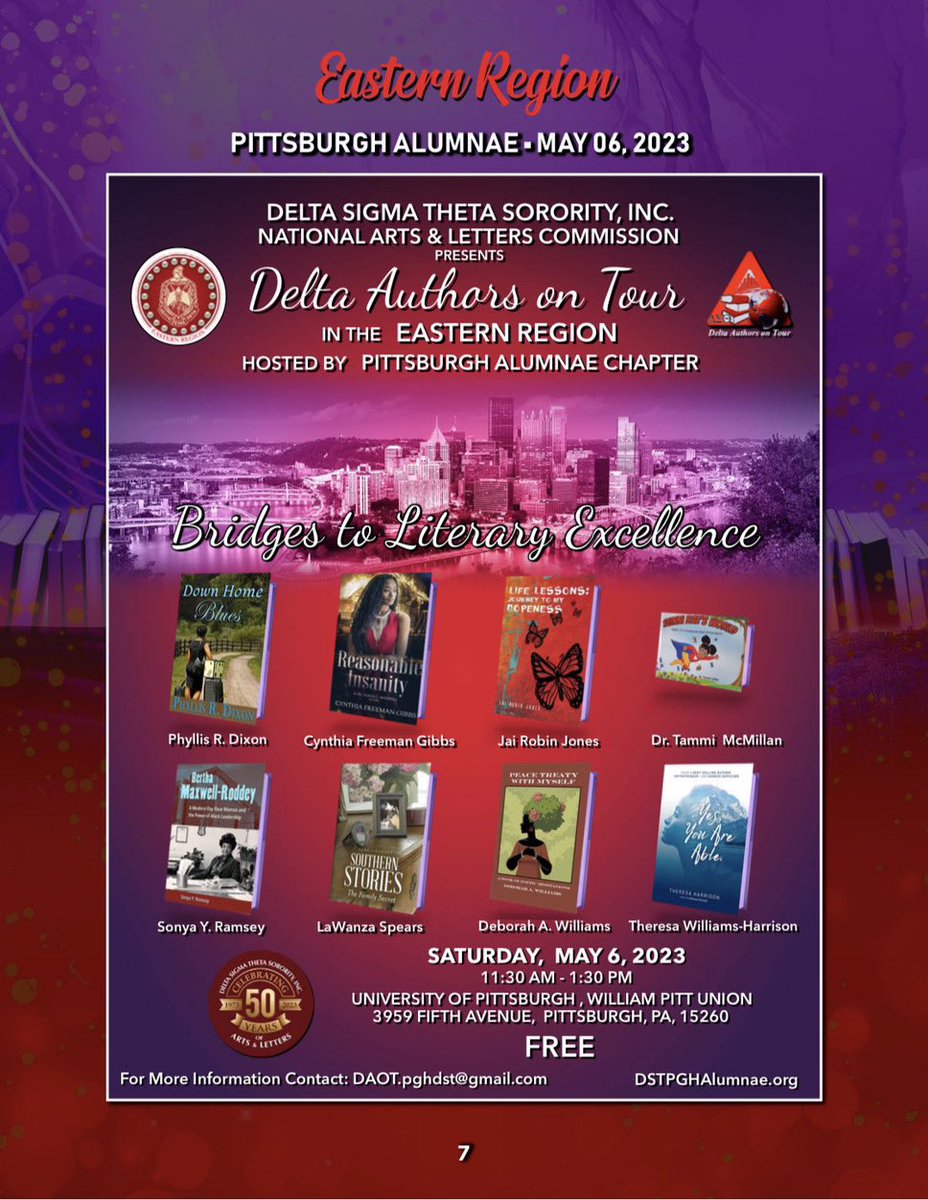 easternregdst's tweet photo. Get ready for Delta Authors on Tour in the Eastern Region presented by the National Arts &amp; Letters Commission and hosted by the Pittsburgh Alumnae Chapter! Saturday, May 6th 11:30 AM to 1:30 PM University of Pittsburgh campus and features talented Delta authors. https://t.co/2VqxXGbkyq
