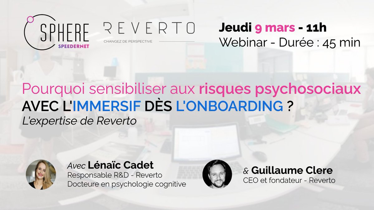 Ne manquez pas notre prochain webinar, le 09/03 à 11h, avec Lénaïc Cadet &amp; <a href="/Guillaume_Clere/">Guillaume Clere</a> de <a href="/RevertoVR/">REVERTO</a>, intitulé "Pourquoi sensibiliser aux risques psychosociaux avec l'immersif dès l'onboarding ?" !

app.livestorm.co/speedernet-1/o…

#ImmersiveLearning #Onboarding #RPS