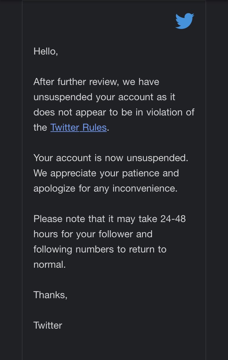 Interesting. So I didn’t violate the rules but they suspended me for months during my eviction. All while twitter wasn’t paying rent.