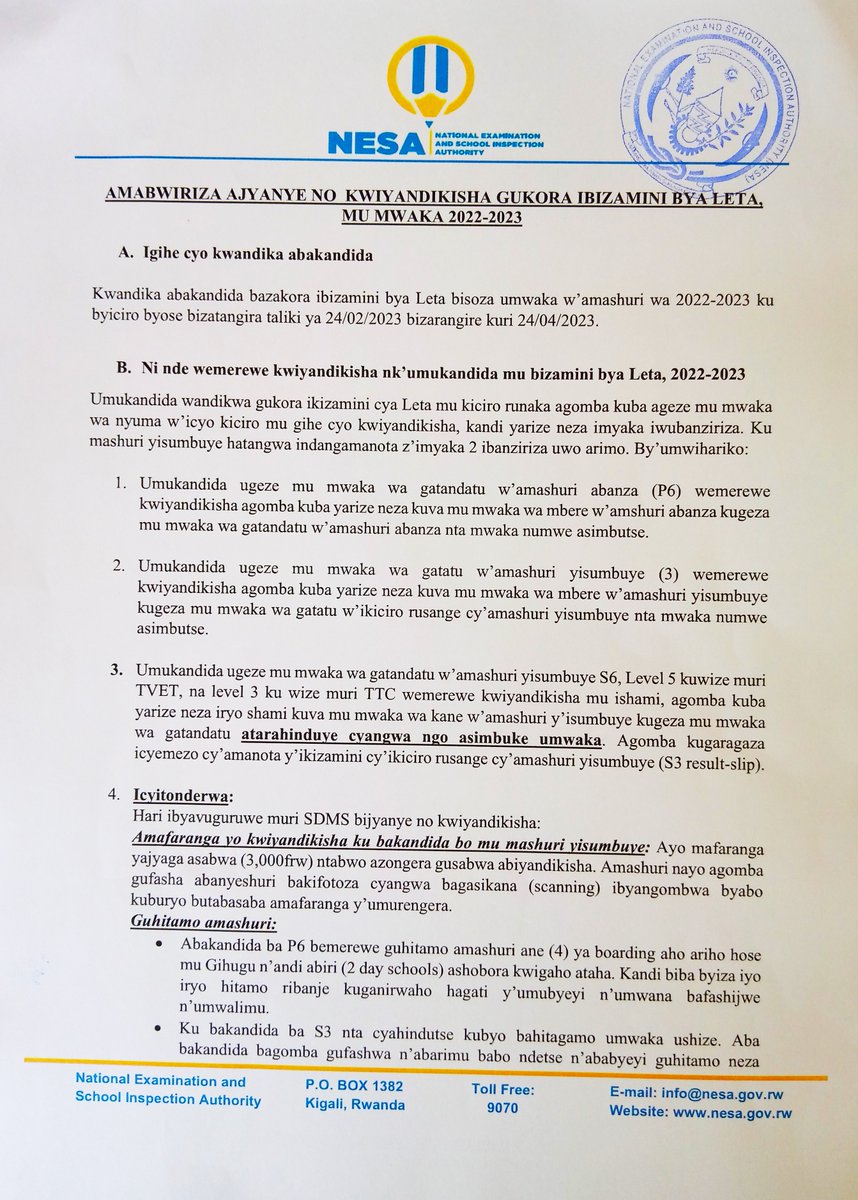 NESA_Rwanda's tweet photo. Amabwiriza ajyanye no kwiyandikisha gukora ibizamini bya Leta, umwaka w'amashuri wa 2022/2023.
Kubijyanye na gahunda yo kwiyandikisha ku bakandida bigenga n'amabwiriza yabo bizantangazwa mu cyumweru cya 27/2 - 2/3/2023. https://t.co/g2bI2LqIH2