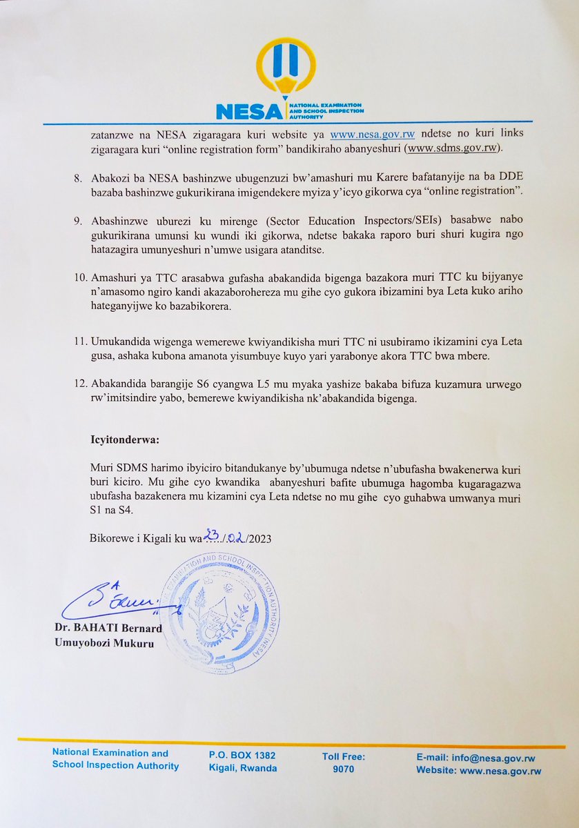 NESA_Rwanda's tweet photo. Amabwiriza ajyanye no kwiyandikisha gukora ibizamini bya Leta, umwaka w'amashuri wa 2022/2023.
Kubijyanye na gahunda yo kwiyandikisha ku bakandida bigenga n'amabwiriza yabo bizantangazwa mu cyumweru cya 27/2 - 2/3/2023. https://t.co/g2bI2LqIH2