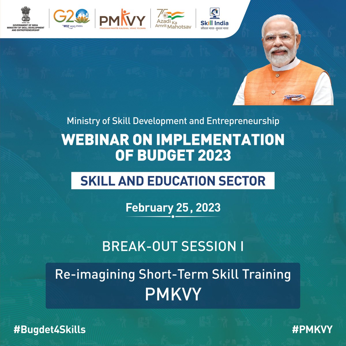 Webinar on Implementation of Budget 2023-24: Break Out Session 1: Focusing on Reimagining Short Term Skill Training through schemes likes Pradhan Mantri Kaushal Vikas Yojana (#PMKVY). Panelist to deliberate on focused demand driven skilling.
#Budget4Skills #SkillIndia