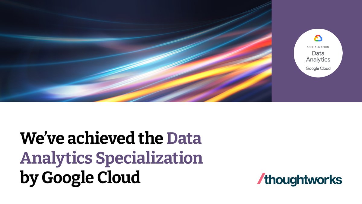 We are super proud to have achieved the <a href="/googlecloud/">Google Cloud</a> Data Analytics Specialization in recognition of our track record as <a href="/gcloudpartners/">Google Cloud Partners</a>. Learn more here: thght.works/3YXpX5z #GoogleCloudPartners, #GoogleCloud, #Cloud, #DataAnalytics #GoogleCloudSpecialization #DataMesh