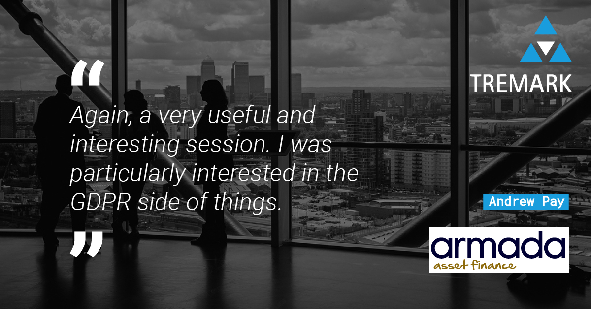 TremarkAssoc's tweet photo. “Again, a very useful and interesting session. I was particularly interested in the GDPR side of things.” - Andrew Pay, Armada Asset Finance https://t.co/Rn6pFlrdLf