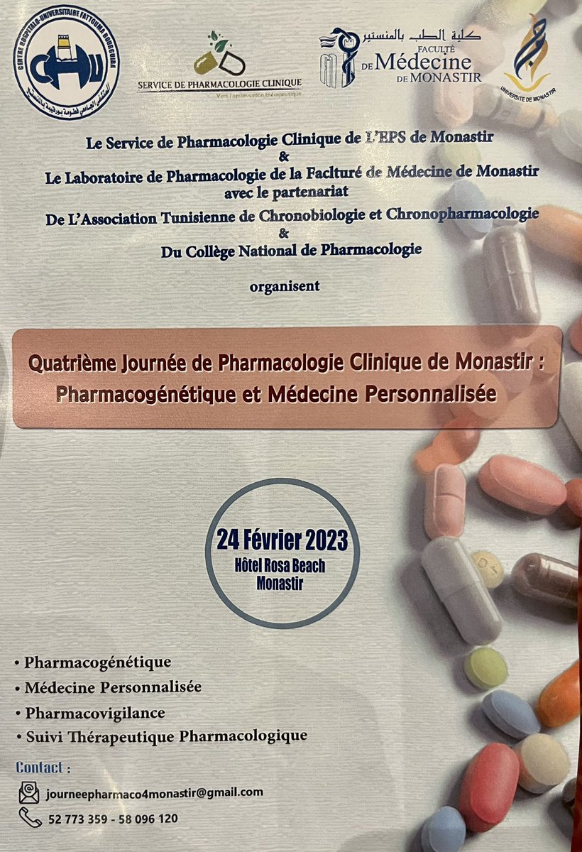 rnpgx's tweet image. Le #RNPGx bien représenté à la journée de pharmacologie clinique de Monastir avec une présentation du Dr Sylvie Quaranta sur la PGx des anticancéreux et une du @profnpicard sur la PGx en pratique clinique.