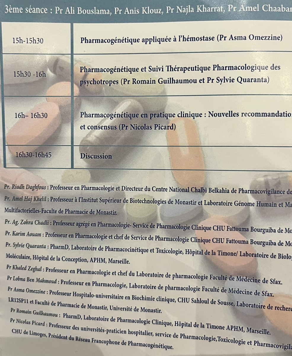 rnpgx's tweet image. Le #RNPGx bien représenté à la journée de pharmacologie clinique de Monastir avec une présentation du Dr Sylvie Quaranta sur la PGx des anticancéreux et une du @profnpicard sur la PGx en pratique clinique.