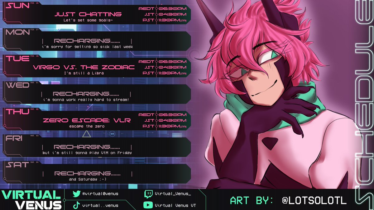VulcanVirtua's tweet photo. ⚠️STREAM SCHEDULE⚠️
FEB 26 - MAR 04
General: #VirtualVenus
Live: #ViVeLive
Art: #VirtuARTVenus
Art: @/lotsolotl https://t.co/k6Y9KLdGOR