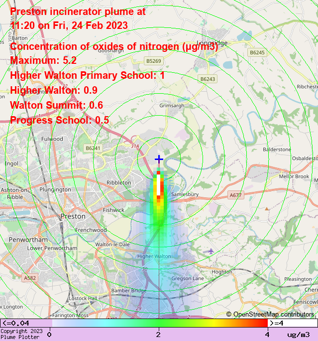 plumeplotter's tweet photo. Latest Preston incinerator plume plot, 11:20 24/02/23 #HigherWalton #WaltonSummit #ClaytonBrook https://t.co/vYUTMnLQDm https://t.co/yDWApMEZ2Z