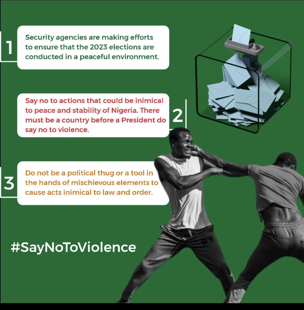 VOTE not FIGHT cause election no be WAR. 

#Vote4Peace #SayNoToViolence