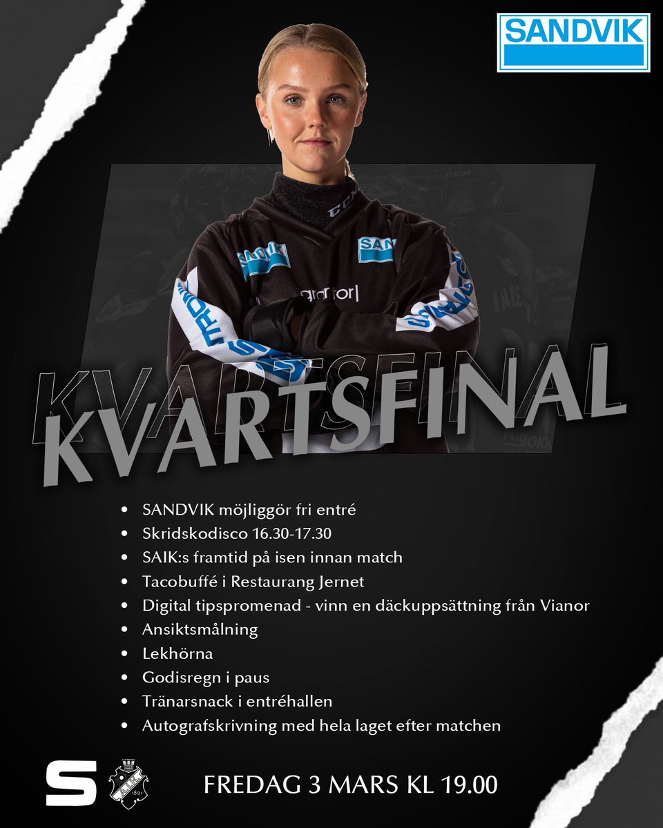 SAIKbandy's tweet photo. 🔥 GRATIS ENTRÉ OCH SLUTSPEL!

Boka in fredag den 3 mars! Damerna spelar sin första kvartsfinal av två och det kommer att finnas aktiviteter för hela familjen!

Vi ses där! https://t.co/lzPWem5SYh