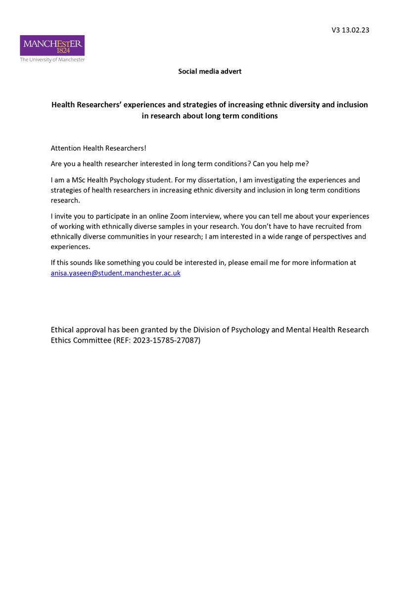 Are you a UK health researcher working in long term conditions research? Consider taking part in my MSc dissertation study with <a href="/sjkp121/">Sarah Peters</a>, investigating ethnic diversity in long term conditions research! 
Email me for more information at: anisa.yaseen@student.manchester.ac.uk