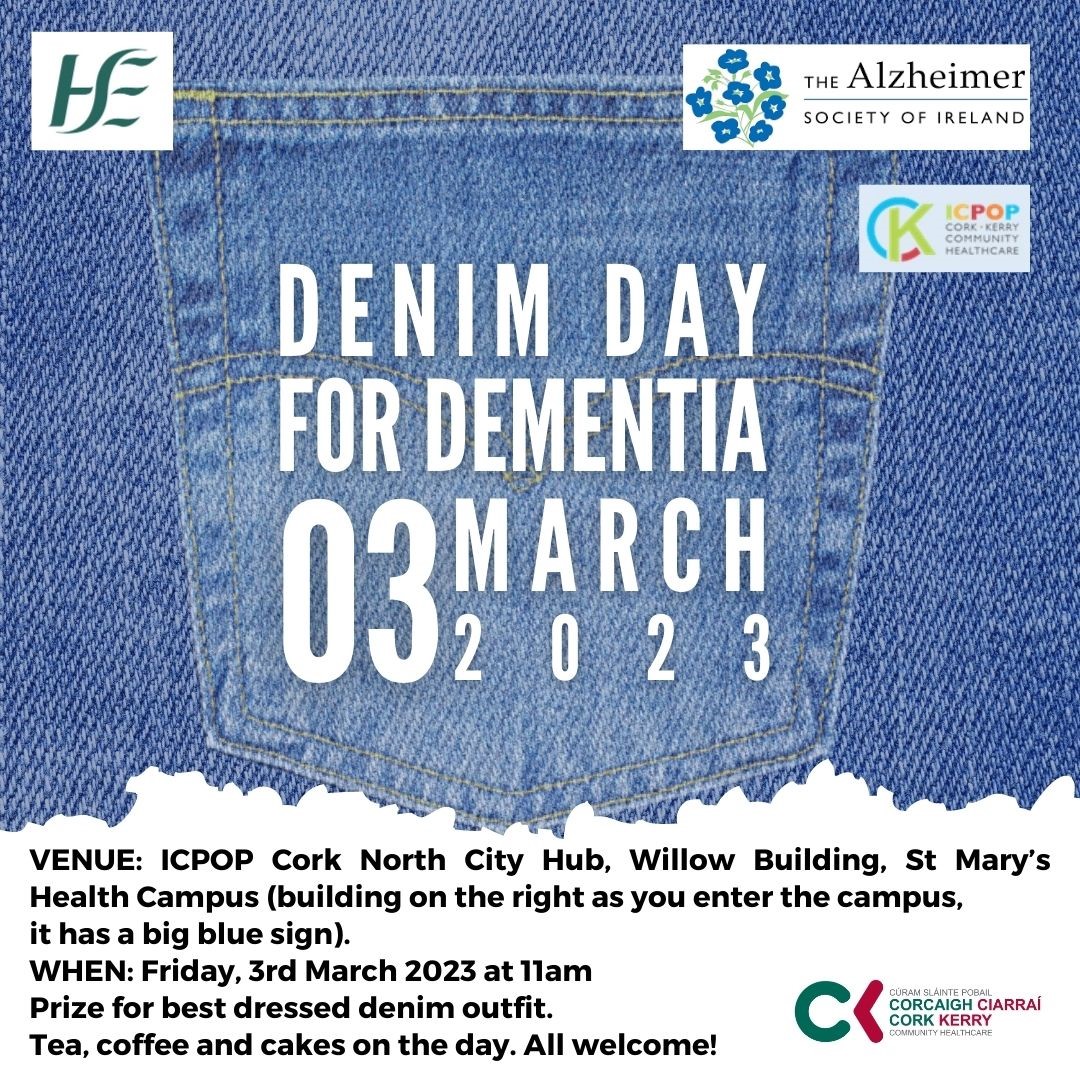Denim Day for Dementia @ St Mary’s Health Campus, Friday, 3rd March @ 11am. Prize for best dressed denim outfit. Tea, coffee &amp; cakes on the day. All welcome 
Visit alzheimer.ie for info or how you can help
#Alzheimers 
#dementia 
<a href="/alzheimersocirl/">The Alzheimer Society of Ireland</a>
