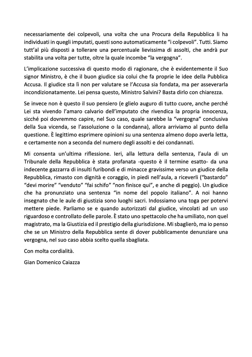 LA “VERGOGNA” DI RIGOPIANO: LETTERA APERTA AL MINISTRO SALVINI
Signor Ministro on. Matteo Salvini,
mi permetto di scriverLe nella veste di avvocato difensore di uno degli imputati perché profondamente colpito dal Suo immediato commento...

➡️ bit.ly/3IQlv2U