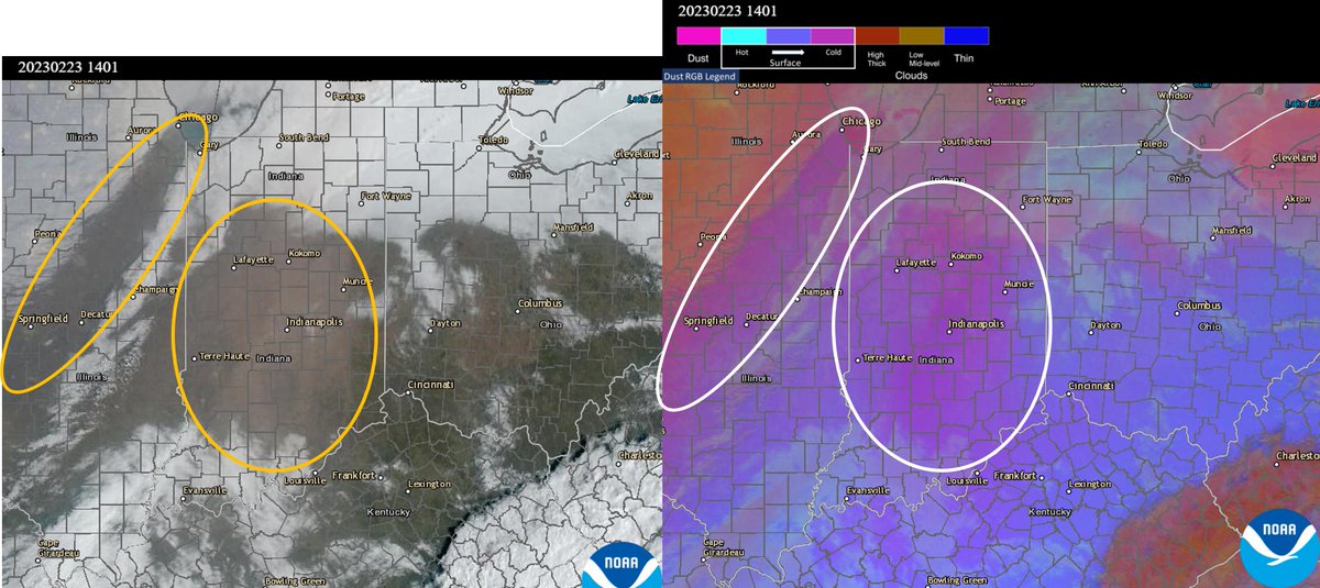 Very interesting #dust event Feb 22-24: blowing dust originated Feb 22 in NM/TX/OK; transported to IL/IN/MI/OH/KY Feb 23, e.g. seen at 14:01 UTC in #GOES16 #ABI GeoColor (L) &amp; dust RGB (R); Feb 24, reached VA overnight &amp; Philadelphia in morning causing big spikes in surface PM10.