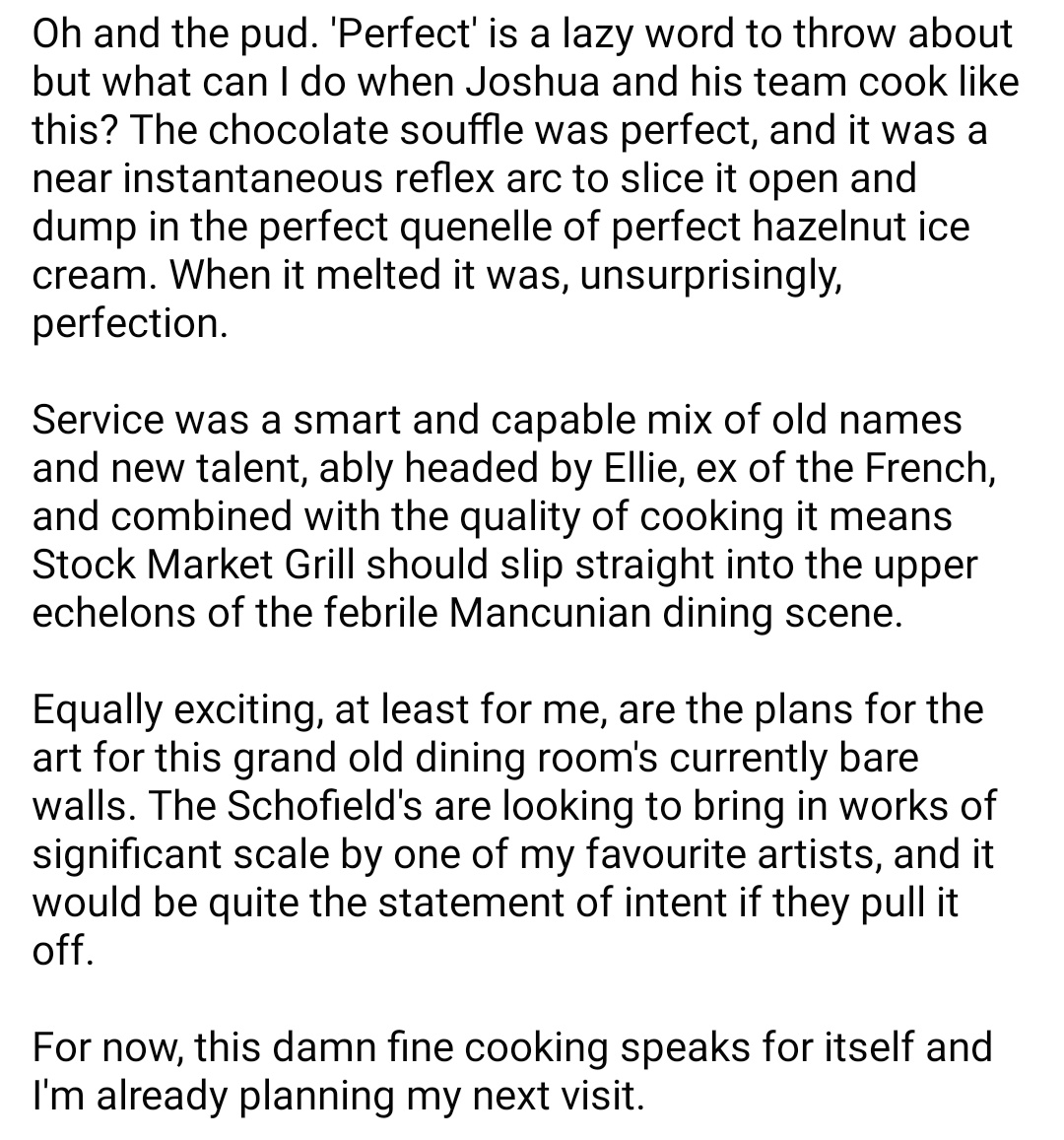 ThomHetheringto's tweet photo. I went to the press launch of the Stock Market Grill at @StockExHotel last night. Classical cooking of the finest produce, served with capable warmth in one of the city's grandest rooms. I think the Schofield Brothers and James could be on to something special here. https://t.co/ZdPv8uhMYD