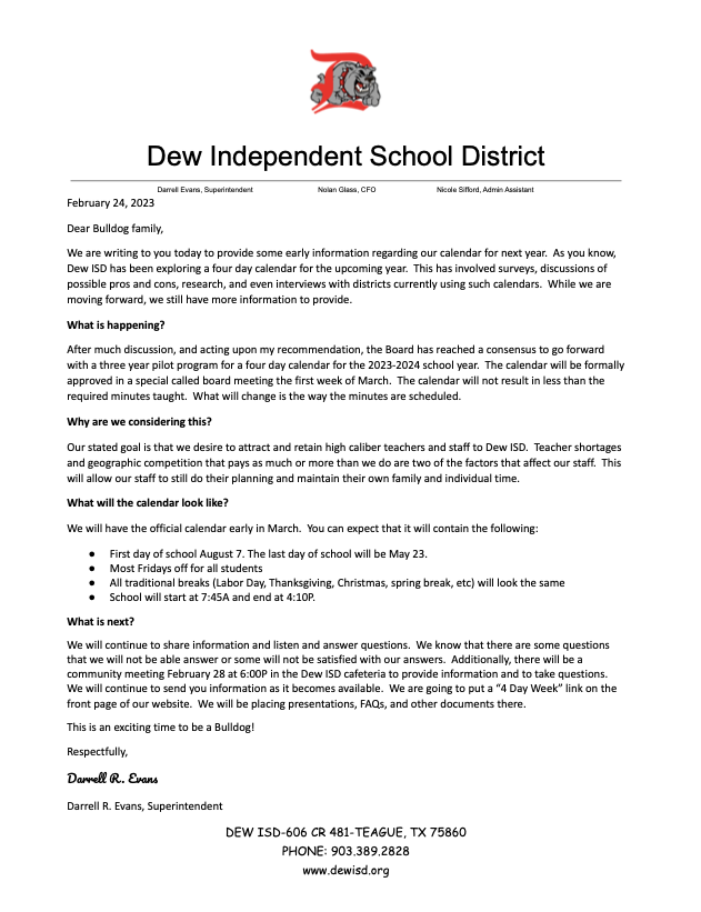 dewisd's tweet photo. New things are happening at Dew ISD.  Please read the letter attached and see our website for more details. https://t.co/vNHdcQbrOi