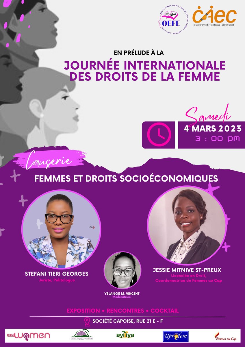 caec_ht's tweet photo. Rejoignez OEFE et CAEC pour une causerie passionnante en prélude à la Journée internationale des droits de la femme. Le 4 mars 2023 à 3h PM. Ne manquez pas cette occasion de célébrer les femmes et leurs droits!
.
#women #womenrights #femmes #femme #fanm #Fanmayiti  #womenempower https://t.co/AMXgYmmpqK