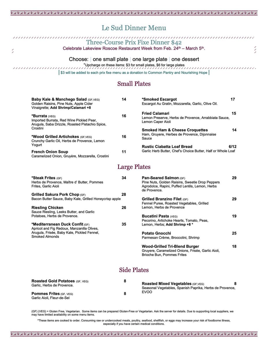 Dine and donate at Le Sud during <a href="/LakeviewRoscoe/">Lakeview Roscoe Village Chamber</a> Restaurant Week! Join us tonight through March 5 for a special three course tasting menu for $45 per person. $3 from each prix fixe will be donated to local food pantries, <a href="/CommonPantry/">Common Pantry</a> and <a href="/NourishHopeChi/">Nourishing Hope</a>. ❤️🍽 #LRVRestaurantWeek