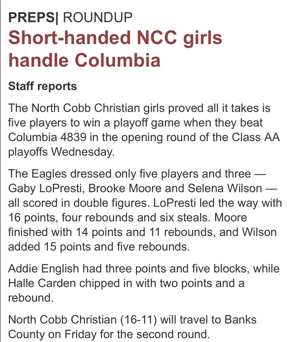 William LoPresti (@coachlopresti10) on Twitter photo GHSA Tournament “Sweet Sixteen” matchup tonight vs #3 ranked Banks County! Let’s go <a href="/HoopsNccs/">NCCS Girls Basketball</a>! #HGA GHSA Tournament “Sweet Sixteen” matchup tonight vs #3 ranked Banks County! Let’s go <a href="/HoopsNccs/">NCCS Girls Basketball</a>! #HGA
