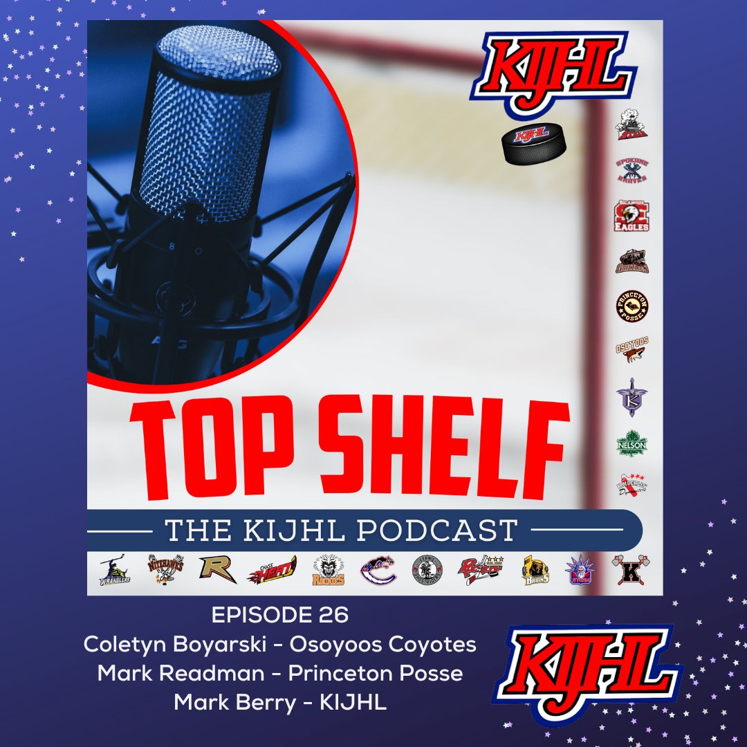 KIJHL's tweet photo. Top Shelf - The #KIJHL Podcast 🎙️ episode 26 is out. Co-host @mfberry60 gives a summary of the @TeckResources Cup first round and talks to @KIJHLPosse HC Mark Readman, while @e_sequeira17 connected w/ Coletyn Boyarski of the @KIJHLCoyotes.

Listen now: https://t.co/APfcZtasTC https://t.co/PAN7GZFV15