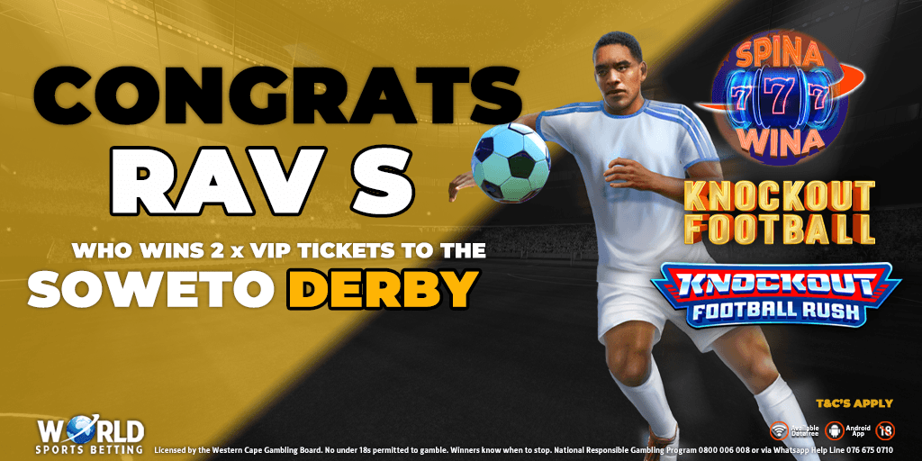 WorldSportsBet's tweet photo. Congratulations to RAV S, who will enjoy a VIP experience at the #SowetoDerby on Saturday after winning our #SpinaWina promotion π
#WinWithWSB #SpinWithTheBest https://t.co/RVaNeLDyaX