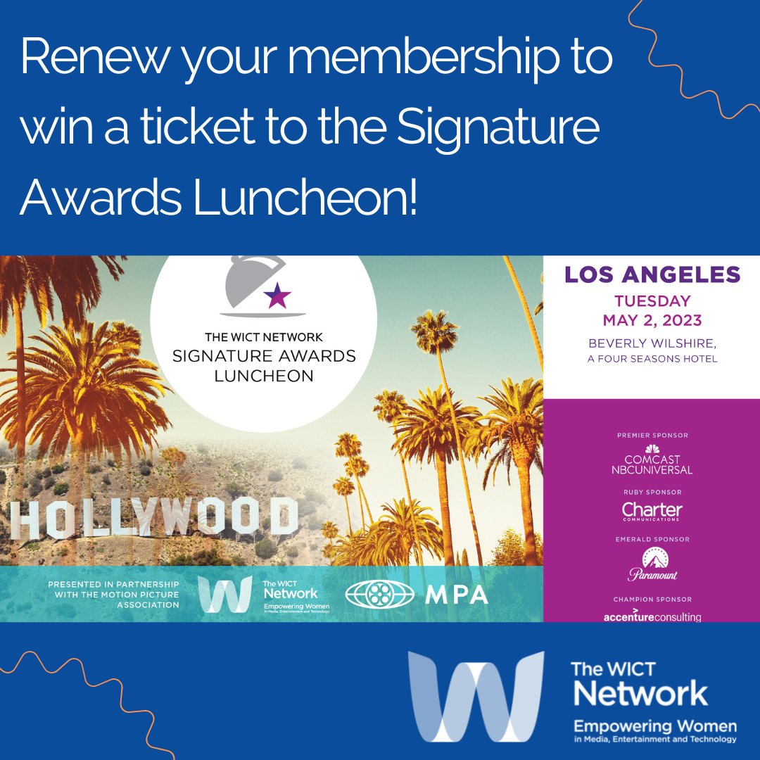 Have you renewed your membership with The WICT Network yet? Members who renew by February 28 will be entered for a chance to win a ticket to our Signature Awards Luncheon, May 2 at the Beverly Wilshire Hotel. Don’t miss your chance: ow.ly/9Qjx50MqeML