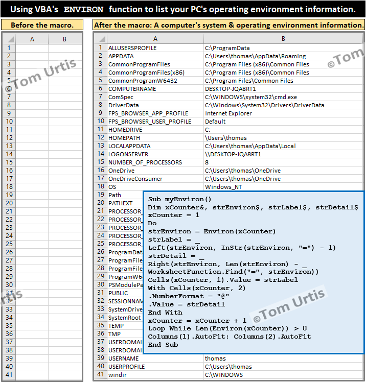 TomUrtis's tweet image. Using VBA&apos;s ENVIRON function to list your PC&apos;s operating environment information. #TomsTips4Excel