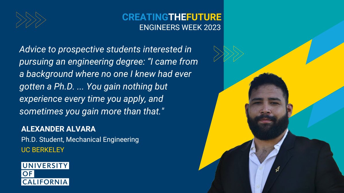 Cal_Engineer's tweet image. Today we highlight a Ph.D. student&apos;s non-linear journey to becoming a #UCEngineer for our #NationalEngineersWeek2023 celebration. bit.ly/3Kscizb 

For more stories about #InclusiveEngineering at @UofCalifornia, visit ucal.us/engineersweek 
#Eweek2023