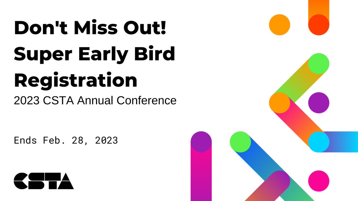 Have you heard? 📢 Our Super Early Bird registration rate ends this Tuesday, Feb. 28. Register now for the 2023 CSTA Virtual Conference before the price increases. Head to conference.csteachers.org to sign up before the deadline! #CSTA2023 #CSforAll #CSTA #CSEd