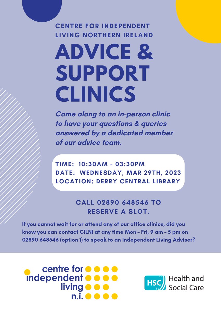 Our next Western Trust clinic is taking place in Derry Central Library on the 29th March. Call us now on 028 9064 8546, to book your place.