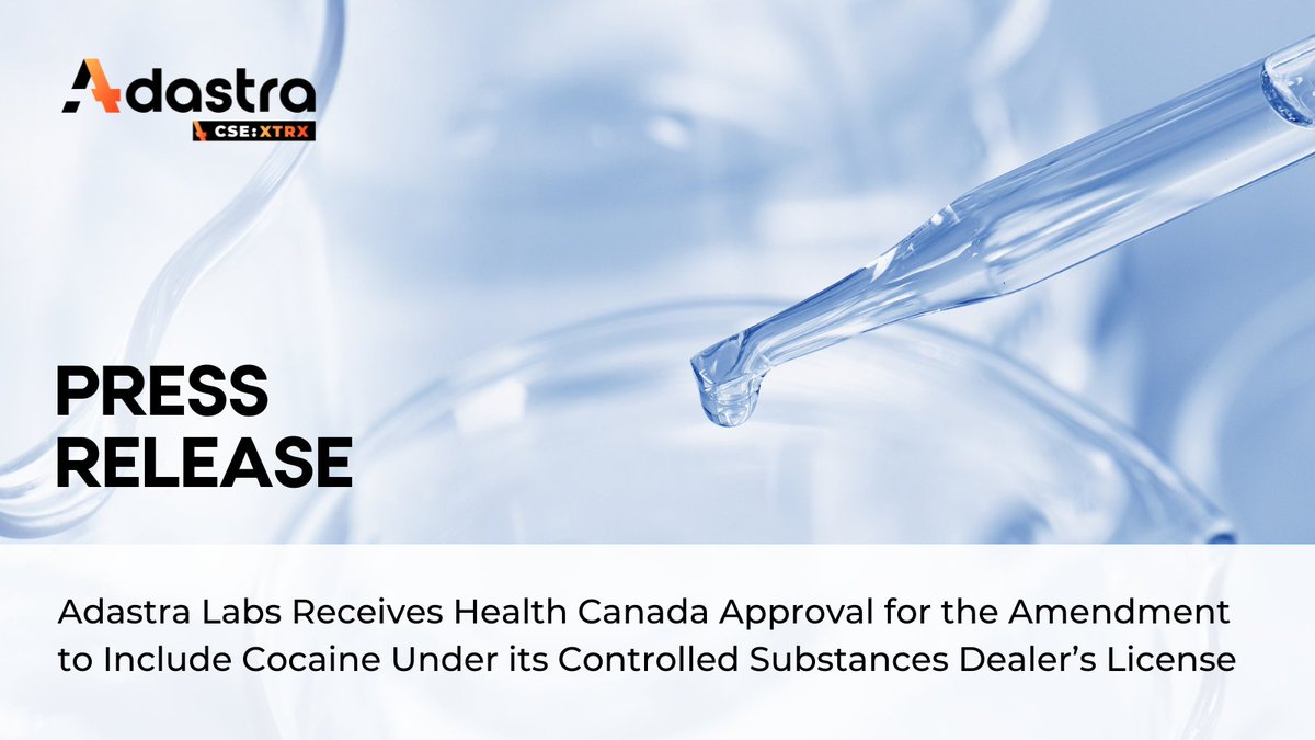 adastraholding's tweet photo. We are pleased to announce that Adastra Labs received approval from Health Canada for its amendment to include cocaine as a substance that the company can legally possess, produce, sell &amp; distribute.

Read more: https://t.co/PeYTHy3CCq

#pressrelease #DealersLicense https://t.co/Td6zBiApR0