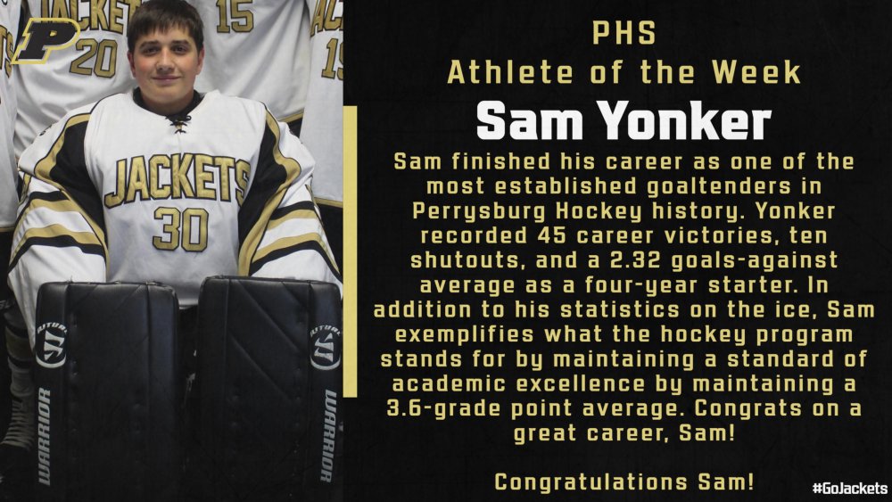 PburgAthletics's tweet photo. Your PHS Athletics Yellow Jacket of the Week is Senior hockey player Sam Yonker! #GoJackets https://t.co/0Tn05DzZIn