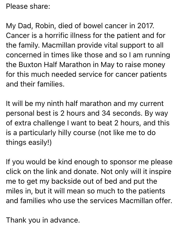 ahageog's tweet photo. I’m running the Buxton Half marathon in May to raise money for @macmillancancer. If you can spare a couple of quid please visit my fundraising page https://t.co/tPEX4l7Gpi Thanks https://t.co/WXAn5NqUlO