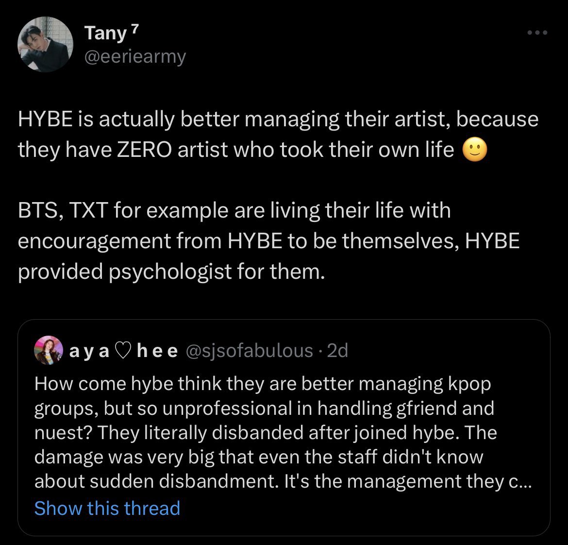 @Namsoo_06 Don’t you find it unfair that other fandoms always have to adjust para lang maiwasan ang fanwars when it’s always them na nagsstart? I get it po that this tweet sounded general but please do read the whole thread. And if you think this doesn’t encourage fanwars, think otherwise