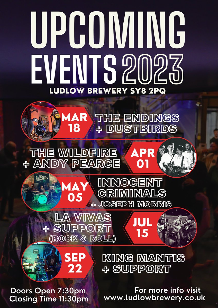👉 SAVE THE DATE!
Tickets for The Endings / Dustbirds + The Wildfire / Andrew Pearce gigs are now available at the brewery, as well as online. £10. Pop in and ask at the bar, or ring 01584 873 291. 
#ludlowbrewery #livemusicvenue #shropshirevenue