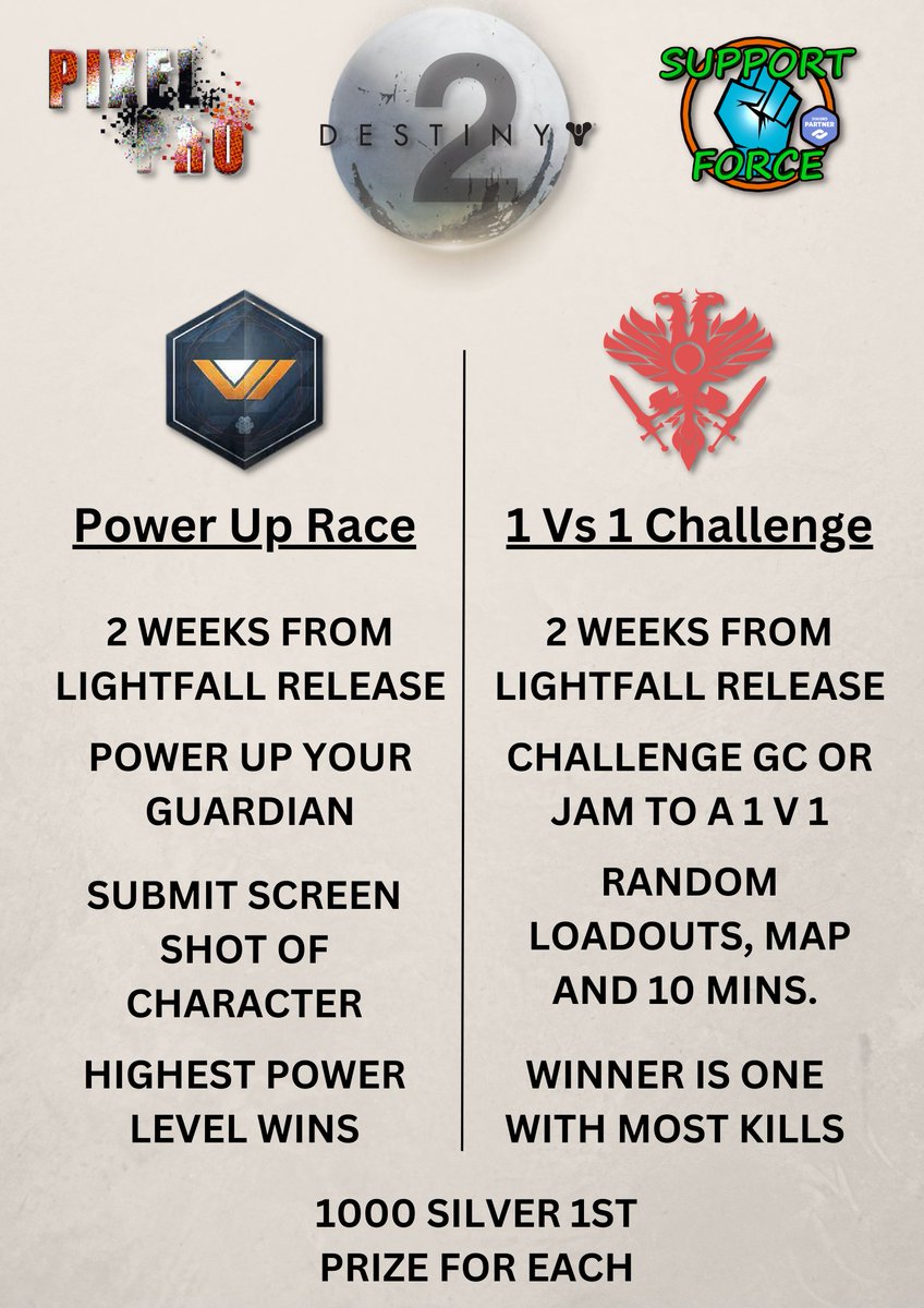 #Destiny2 #Lightfall is Coming!!!!!

Join us and <a href="/PixelPro_Gaming/">Pixel-Pro</a> in celebrating the launch with 2 #Giveaways 

2 #challenges to win 1000 #Silver 
Join up now and get ready for the launch event!

Discord.gg/SupportForce