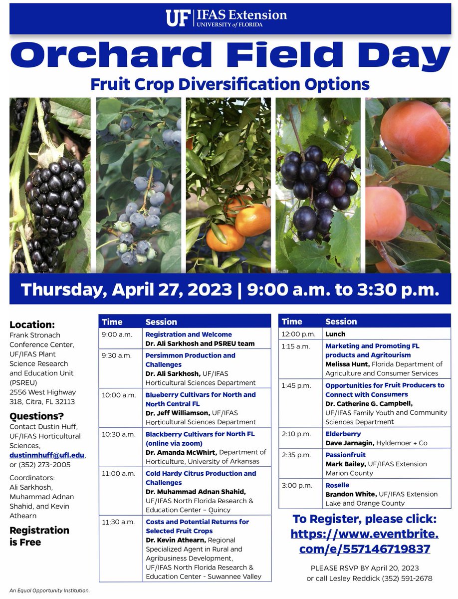 FFSP is pleased to support the UF/IFAS Fruit Crop Diversification Options Field Day at @UF_IFAS PSREU in Citra, FL on April 27, 2023. Please join us by registering here: https://www.eventbrite. com/e/557146719837 @UFPlantbreeding @sarkhosh22 @UFHortSci @Dr_MAdnanShahid